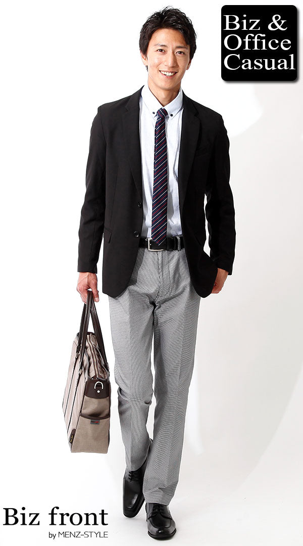 黒テーラードジャケット×ブルーシャツ×千鳥格子チェックパンツ