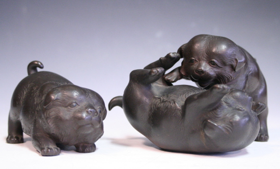 如雲作 精密 古銅「仔犬のたわむれ」 如雲作 精密 古銅「仔犬の