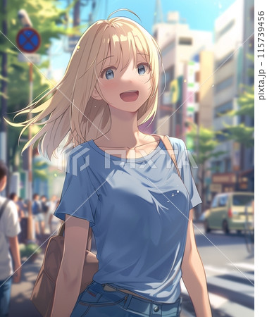 笑顔の金髪女子・アニメ風「AI生成画像」のイラスト素材 [115739456