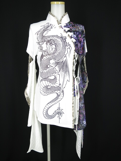Qutie Frash 龍プリント和柄切替オフショルダー チュニック ポンチョ