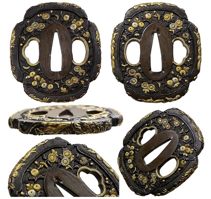 縁頭、赤銅地に筋模様、入れ子 縁頭、赤銅地に筋模様、入れ子