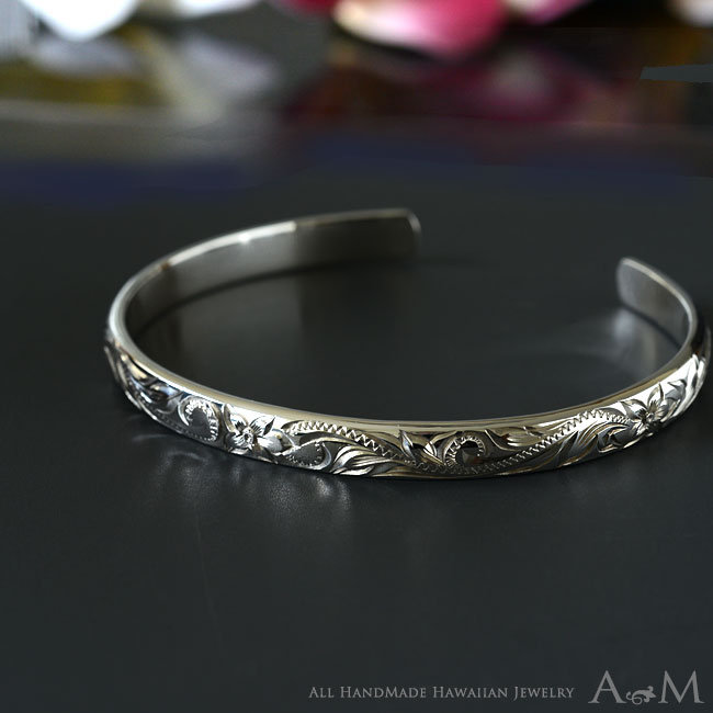 手彫りハワイアンジュエリーバングルオーダーメイドY G レディース ダイヤ