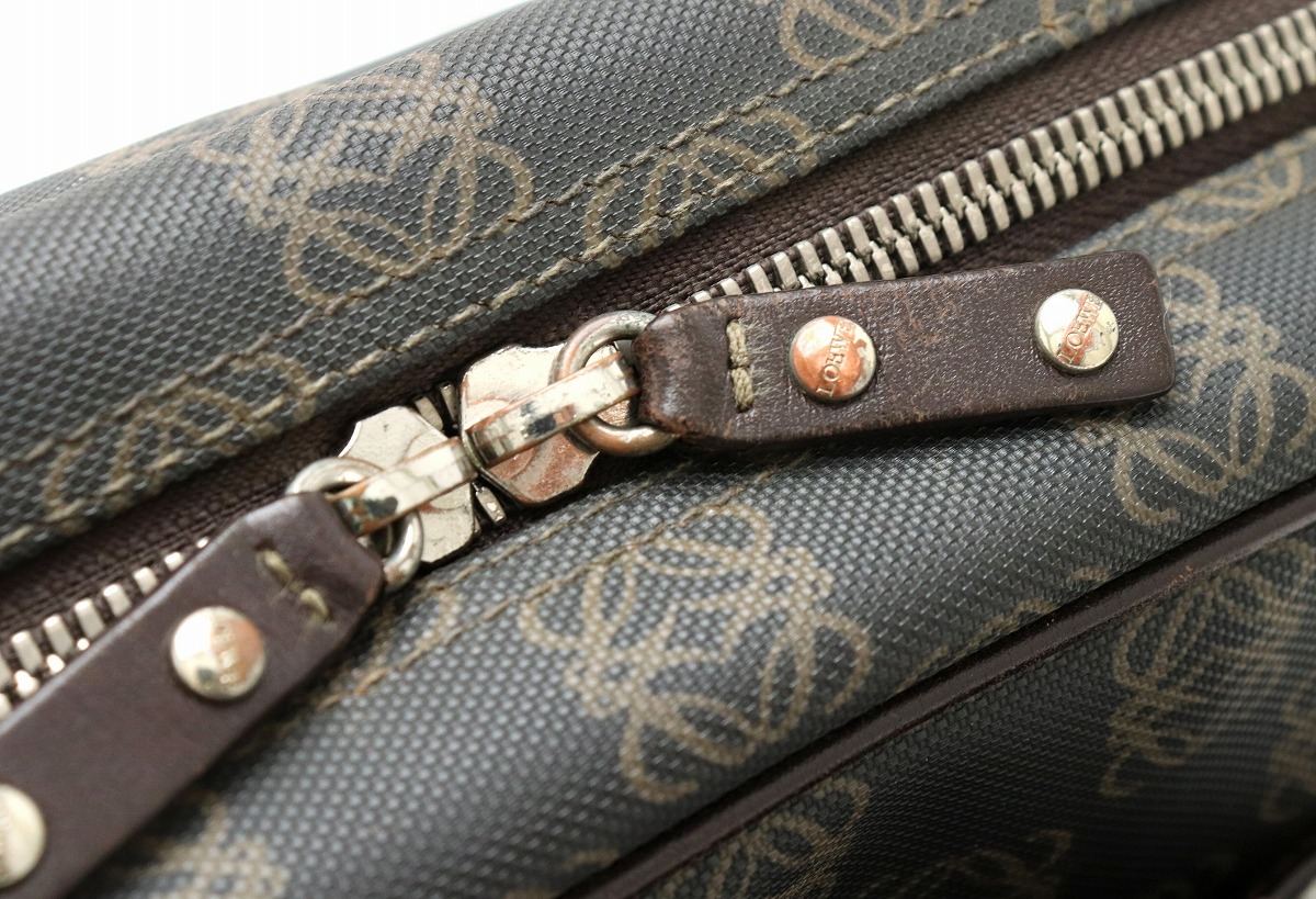 美品】ロエベ ウエストバッグ リピートアナグラム 総柄 PVC レザー 茶