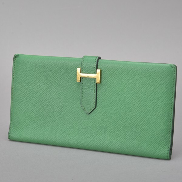 HERMES✨べアン デュプリ 長財布 □H刻印 緑 グリーン ロゴ金具 H金具