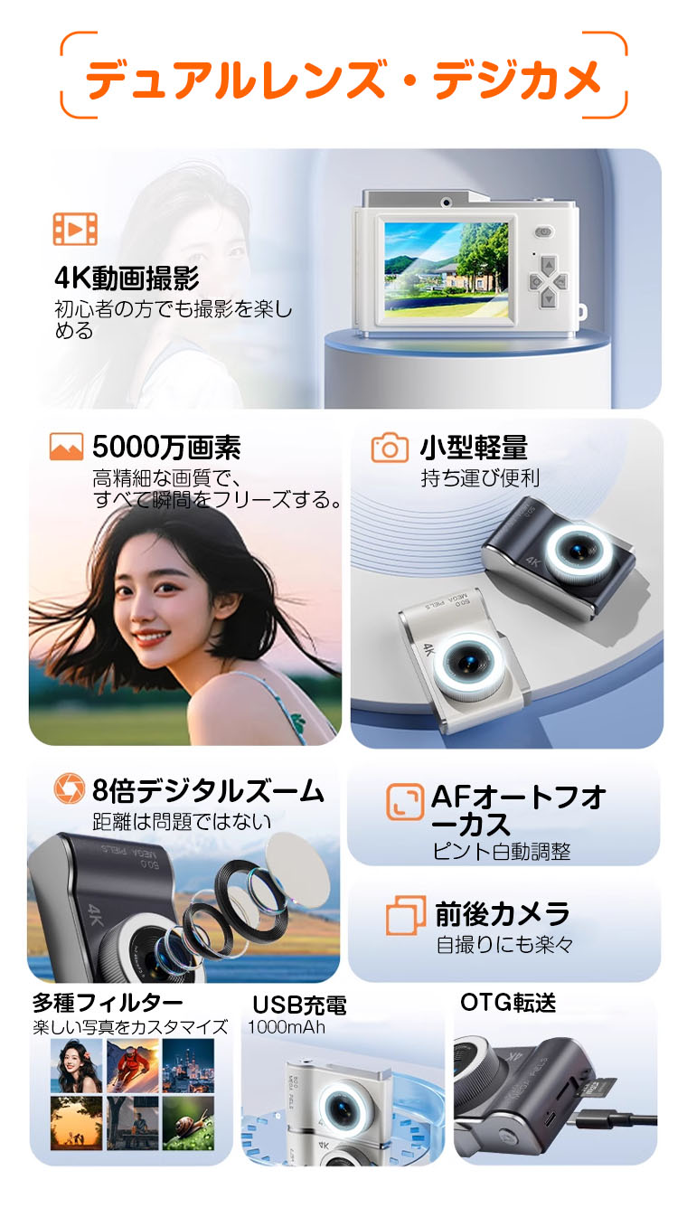 楽天市場】デジタルカメラ 自撮り スマホ 転送 コンパクトカメラ 4K 高
