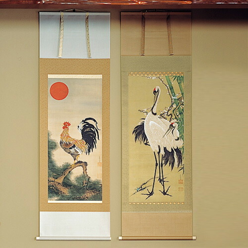 真作】春斎/双鶴図/鶴図/旭日図/祝事掛/掛軸/名家伝来/AC-542 真作