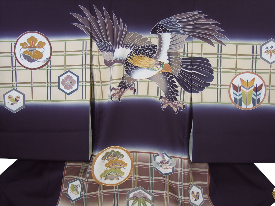 楽天市場】正絹初着（お宮参り着物・産着）男の子「紺地に格子に鷹