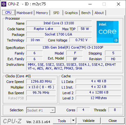 Intel Core i3 13100 @ 1296.83 MHz - CPU-Z VALIDATOR