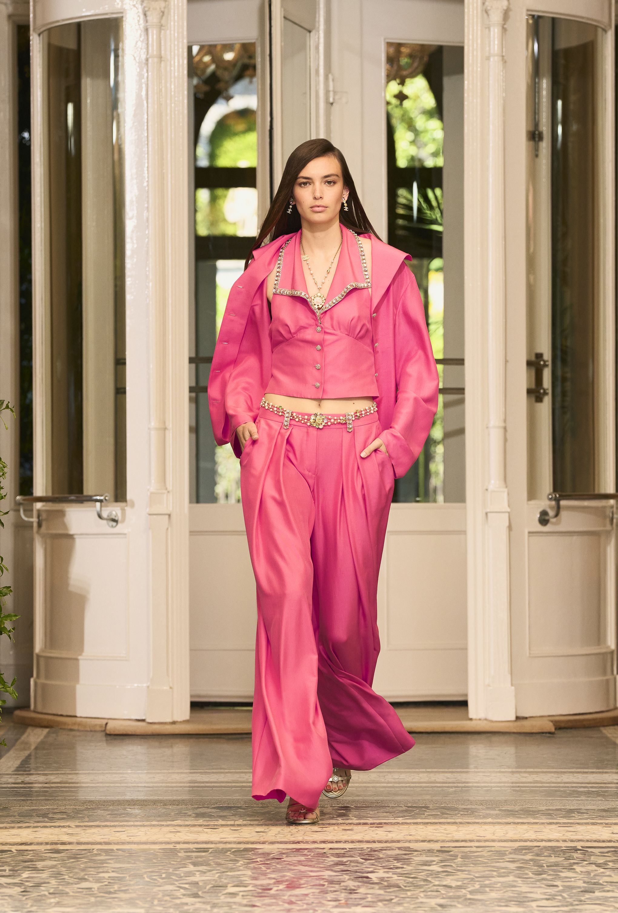 Pants - Embroidered silk canvas, fuchsia, white, gold & purple