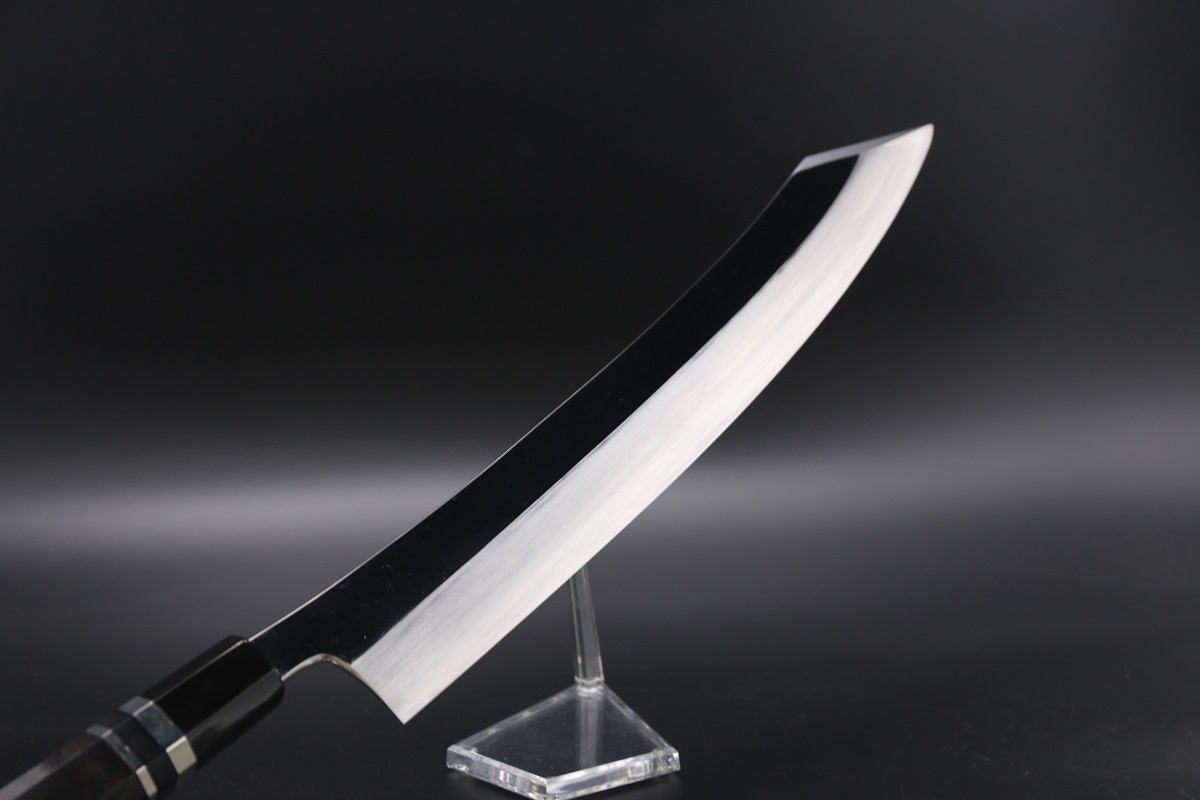特注 切付柳刃 V金10号 390mm 全鋼本焼 平鏡面 巾広52mm 鬼反り 黒檀柄
