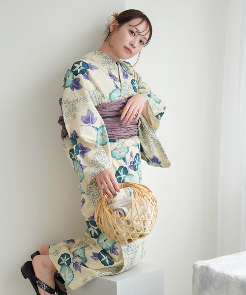 utatane 浴衣 浴衣3点セット 綿麻 水色の朝顔 レディース : ZOZOTOWN