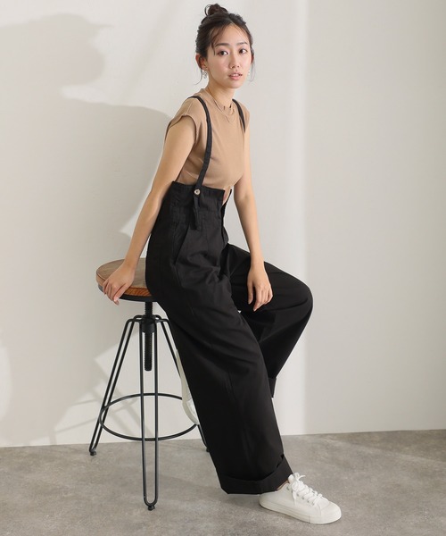 ElegChic チノパン サスペンダー付きハイウエストツイルパンツ