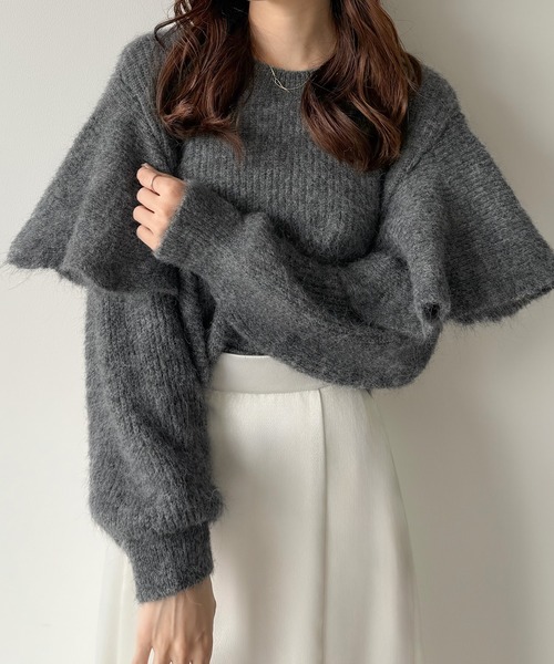 JUNOAH（ジュノア） ニット セーター ショート丈メランジ片畔フリル