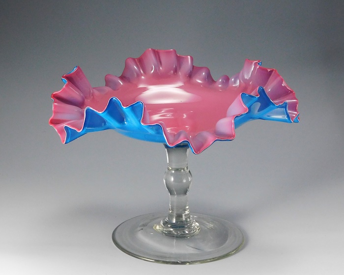 昔ガラス アンティーク 花縁 フリル 亀甲紋様 ガラス コンポート