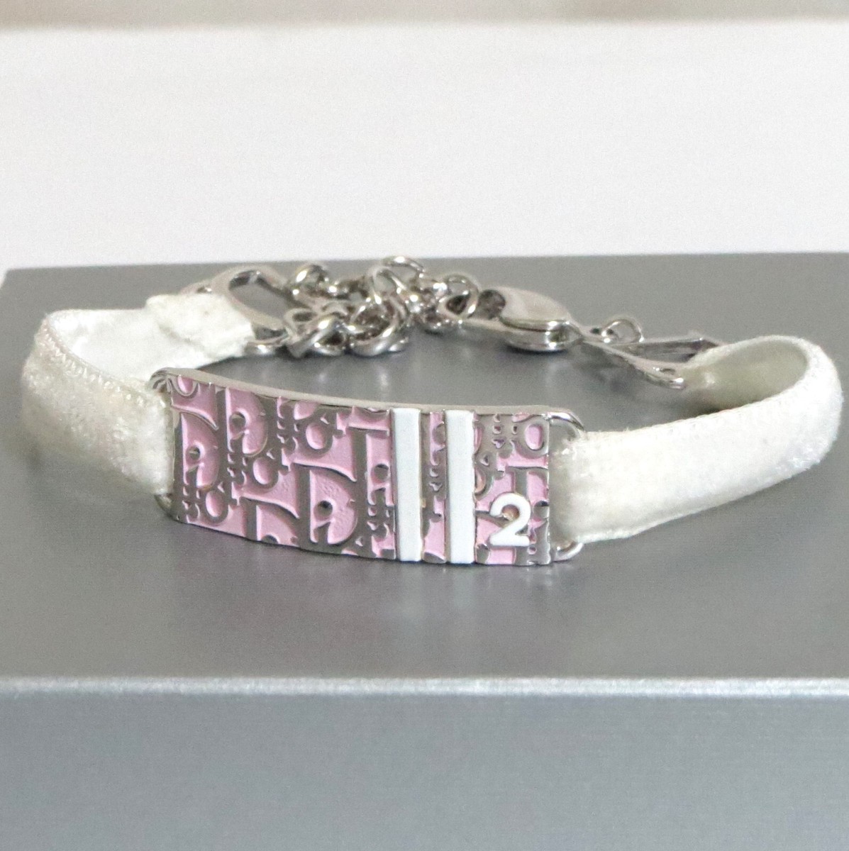 Auth Christian Dior Pink Trotter Bracelet Silvertone White Fabric
