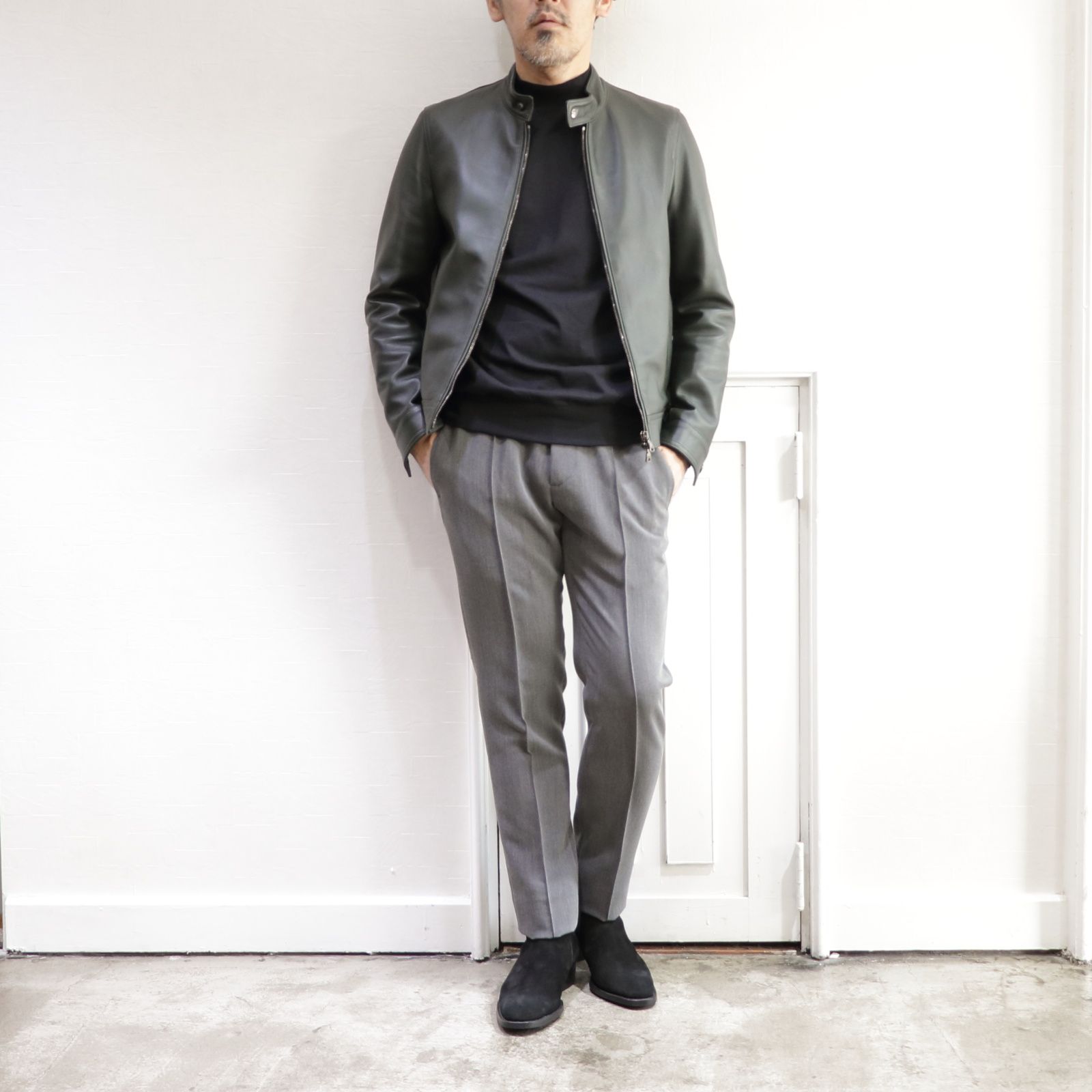 Rick Owensグレーレザージャケット Rick Owens ラムレザー ハイネック