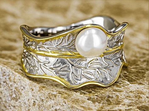 White Cultured Freshwater Pearl 6mm Rhodium & 18k Yellow Gold Over