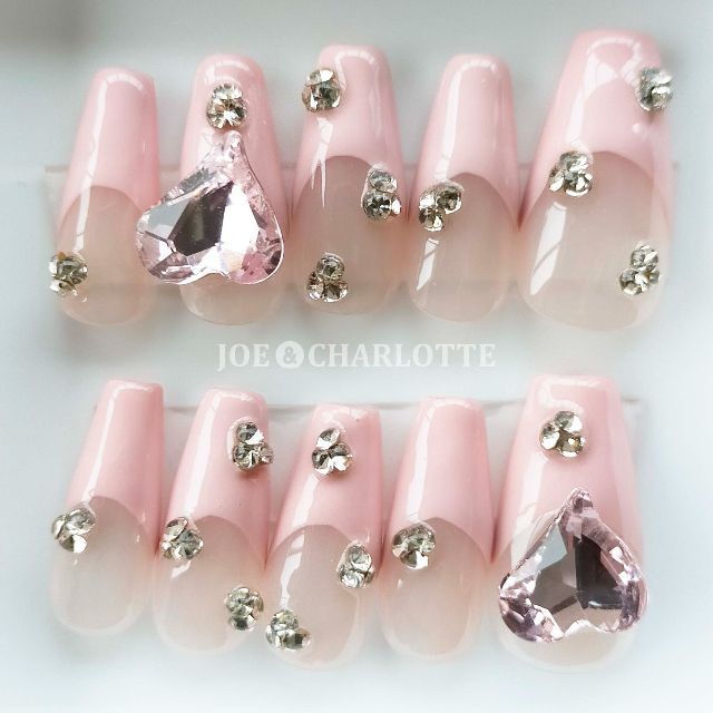 No.98 XSジェルネイルチップ クリスタル ピンク ラメフレンチ ビジュー