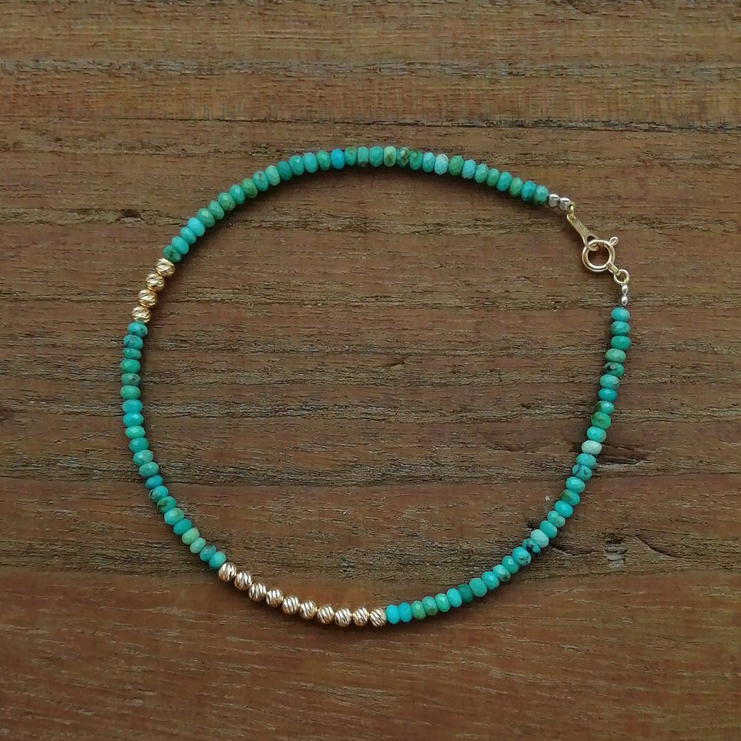 天然ターコイズ＆K18 グリッタービーズ アンクレットA / 18金 ゴールド