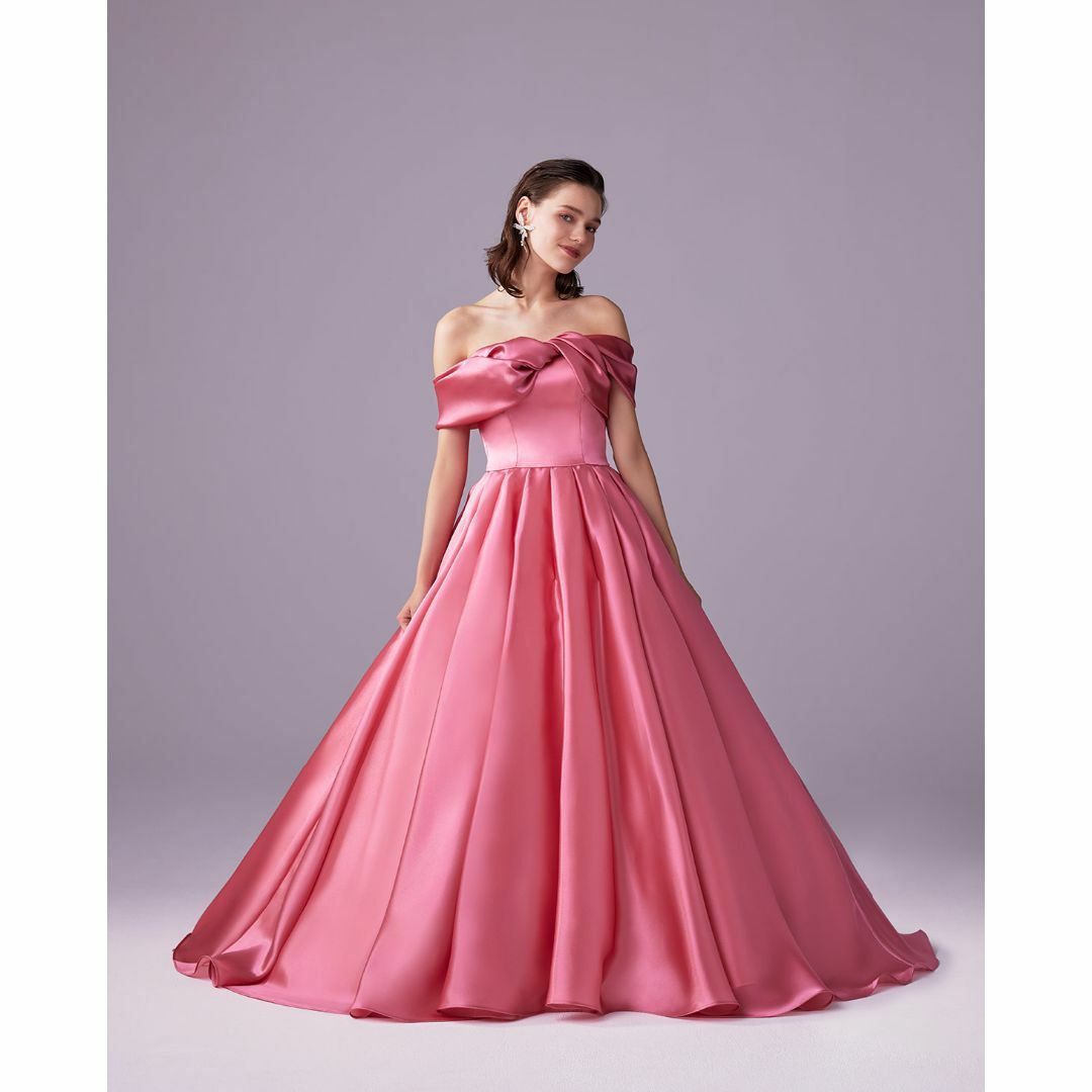 カラードレス ローズピンク オフショルダー Aライン デザイン感 披露宴