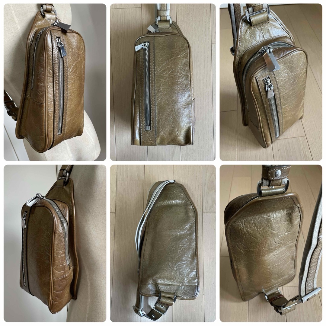 aniaryアニアリメタリックレザー縦長ボディバッグ06-07000中古カーキ