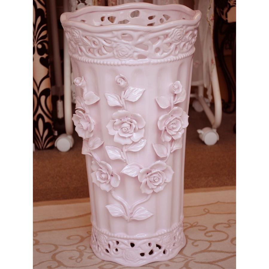 傘立て アンブレラスタンド 筒形 円筒形 陶器 ピンク 桃色 薔薇柄 バラ