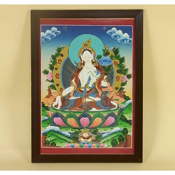 タンカ (チベット仏教 仏画) ホワイトターラ菩薩 約40x30cm グレードB