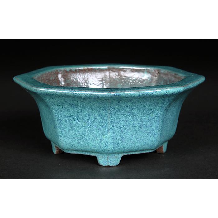 盆栽鉢 植木鉢 「呂均釉外縁八角鉢」 中国鉢 色鉢 陶器 3号 10cm 青