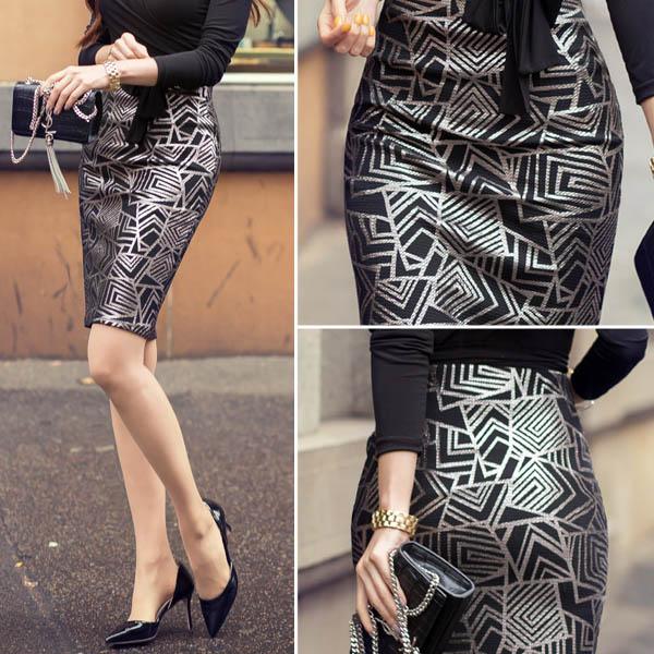 スカート レディース ボトムス 幾何学模様 シルバー プリント キラキラ