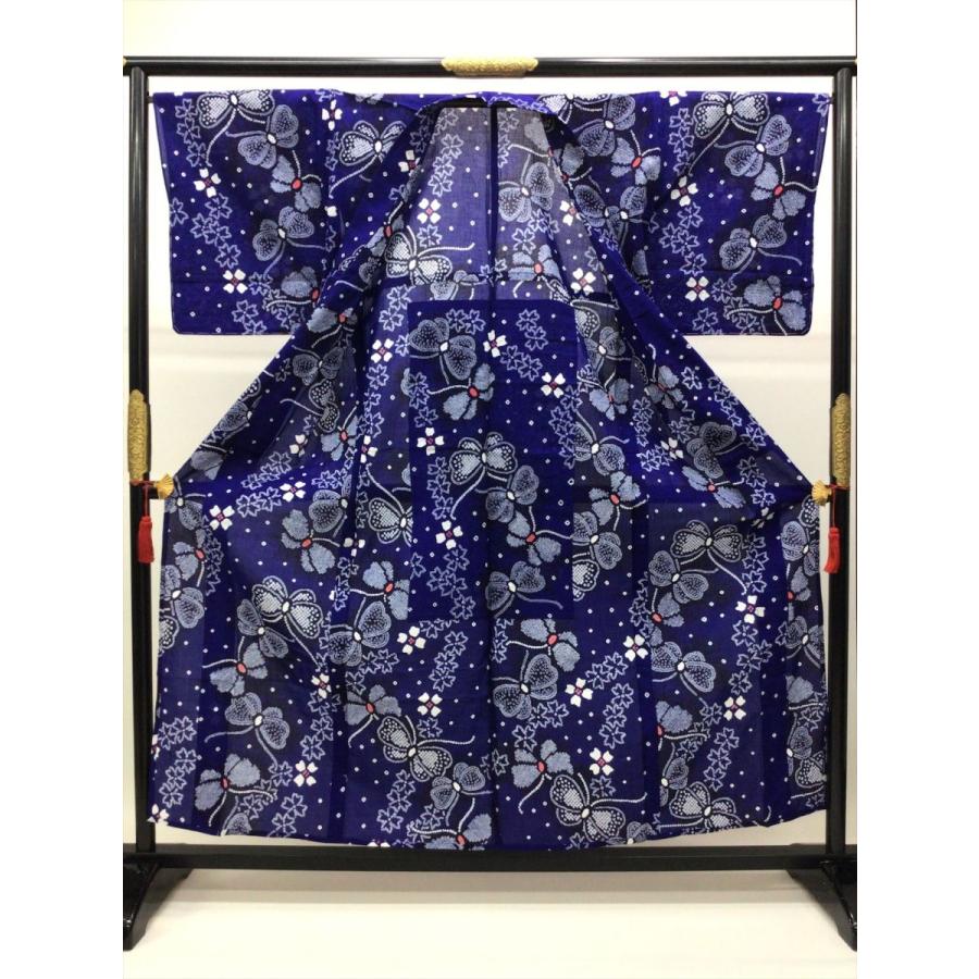 着物 浴衣 絞りゆかた 夏 未使用 中古 蝶柄 紫色 綿 裄cm レディース