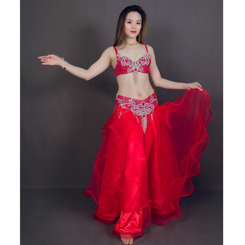 ベリーダンス 衣装 ブラ ベルト パール しずく 上下2点 セット 赤
