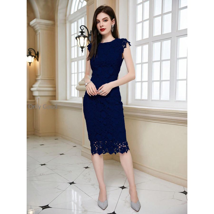 パーティードレス ノースリーブ 刺繍レースワンピース タイトライン丸