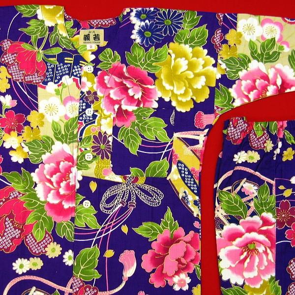 鯉口シャツ 金彩牡丹と桜（紫）7号サイズ（140）子供鯉口シャツ