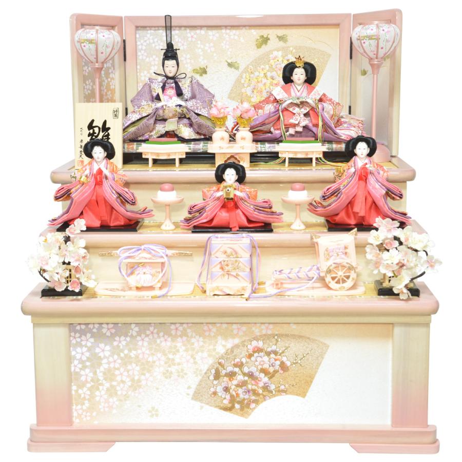 雛人形 収納飾り 五人飾り 平安豊久 京桜 白木 引き出し収納 : 人形の