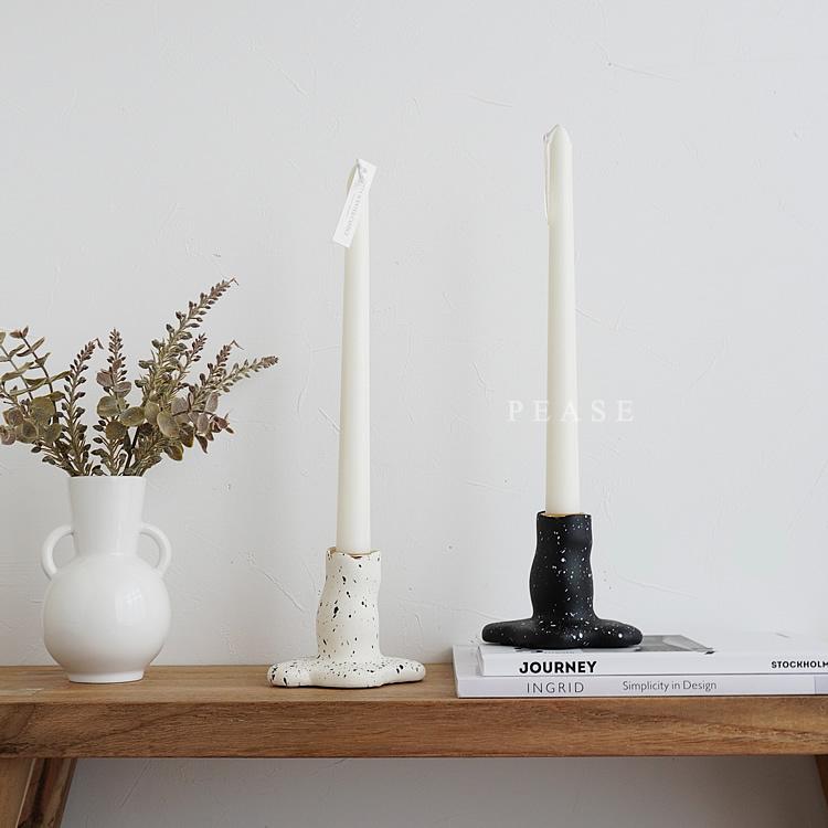 キャンドルホルダー 1灯タイプ 飛び散り柄 ホワイト ブラック テーパー