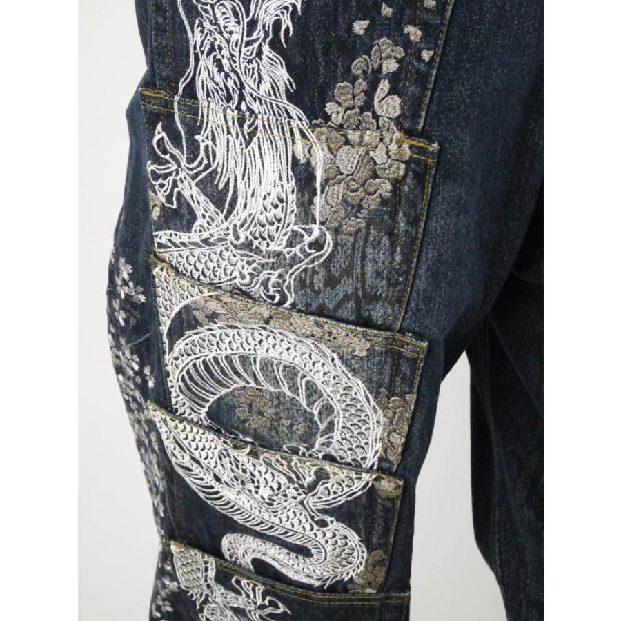 和柄 デニムパンツ 大きいサイズ メンズ 龍刺繍 五連ポケット 桜 絡繰