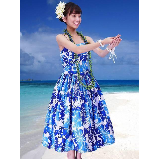 フラダンス ムームー ハイビスカス ミディ丈 ブルー Fサイズ 2378blF