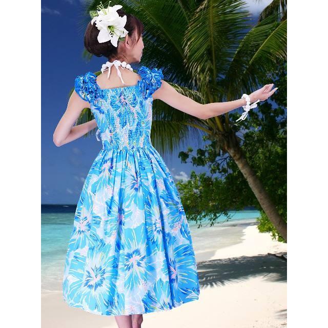 フラダンス ムームー フリル ミディ丈ドレス ブルー Fサイズ 2380blF