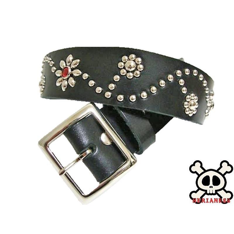 栃木レザー フラワー型 スタッズベルト 黒 レッドスポッツ 日本製 一枚