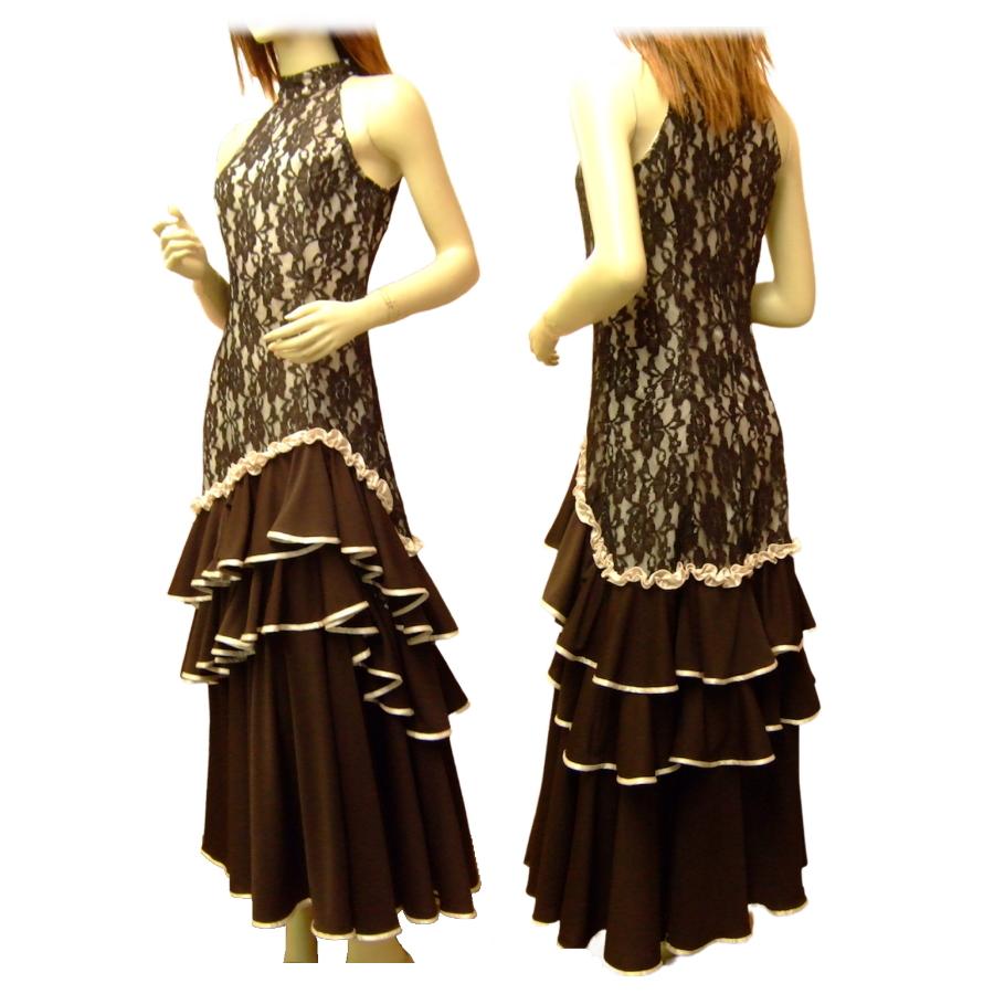 フラメンコ衣装 ワンピース 花柄レース アメリカンスリーブ 花柄 群舞