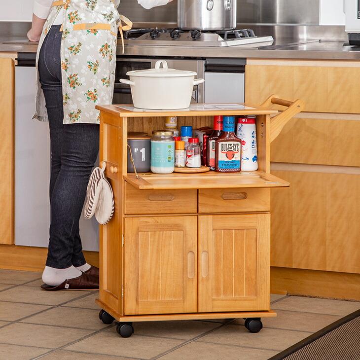 天然木フラップ式キッチン収納ワゴン キャスター付きキッチンワゴン