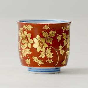 九谷焼 吉田美統【人間国宝】九谷焼ぐい呑み 金襴手花唐草 赤 : 北山堂
