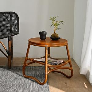 今枝商店 ラタンテーブル 円形 ガラス天板 棚付 籐家具 直径60cm