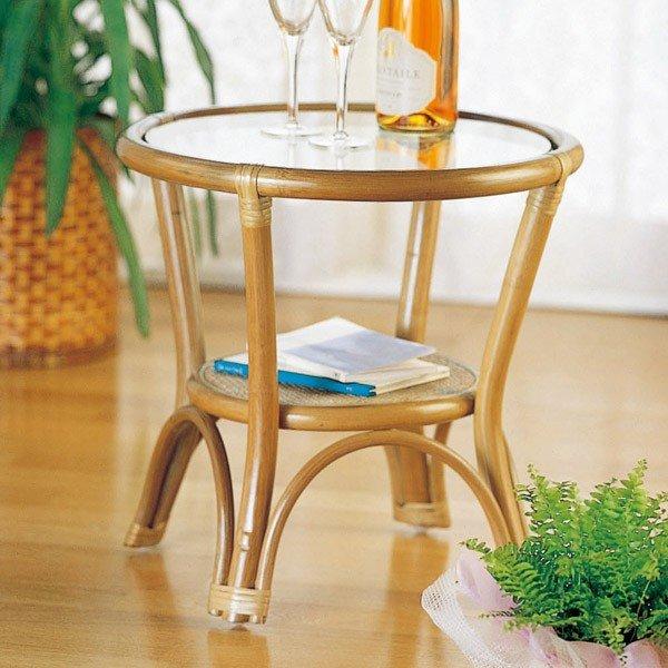 送料無料 ラタン製ガラス天板サイドテーブル アンティーク