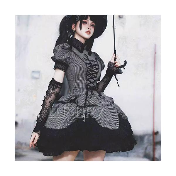 ゴシックロリータ ストライプ刺繍入り セットアップ シャツ＋スカート