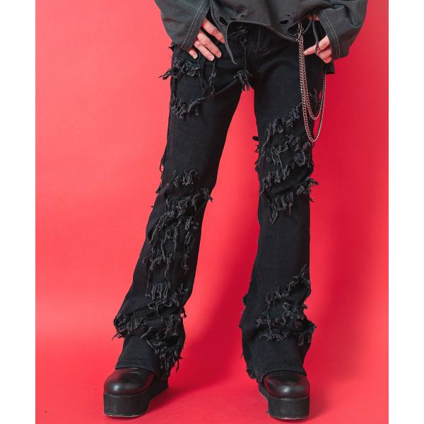 ankoROCK クラッシュ＆ダメージデニムスリムフレアパンツ : ankoROCK