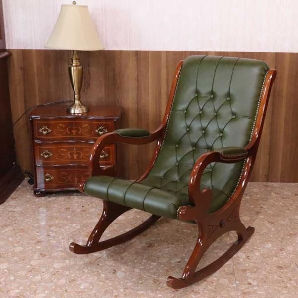 イタリア 本皮 ロッキングチェアー グリーン 1Pソファ レザー 木製