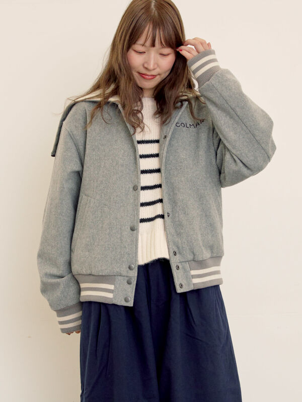 セール】 ウール混セーラーカラー2WAY刺繍スタジャン（グレー/ベージュ