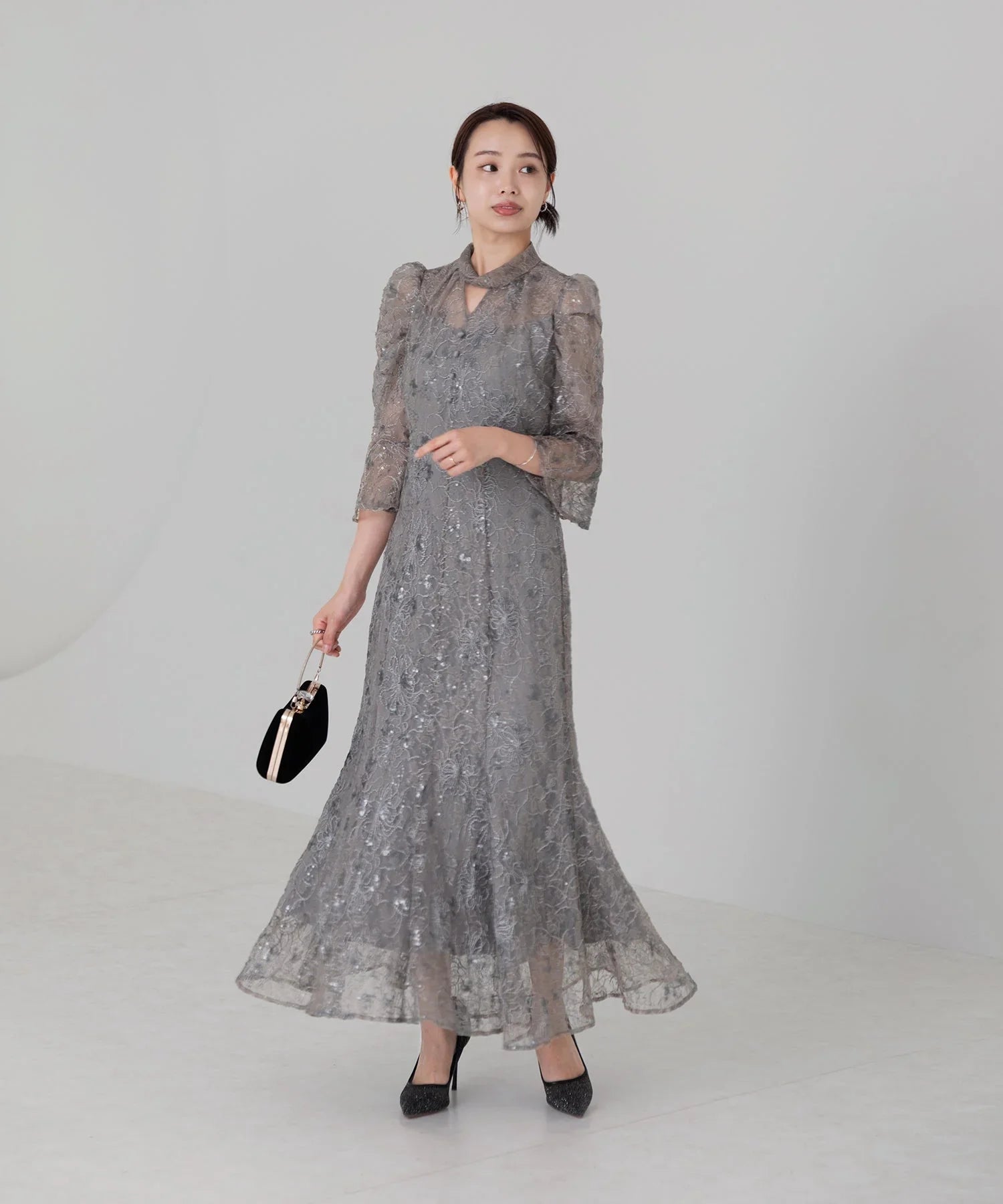 当日発送】スパンコール花柄パフスリーブマーメイドドレスパーティー