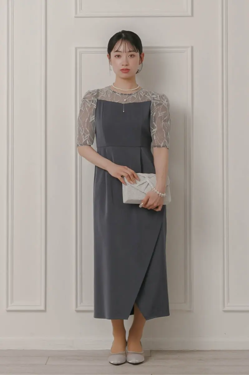 ネイビーのリーフ刺繍ラップドレス | Dorry doll | M | 結婚式